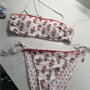 Women's White Bikini Set with Red Floral Print